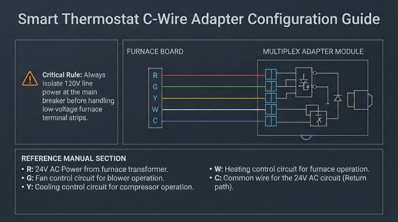 Technical cross-section diagram of a smart thermostat C-wire adapter module installation