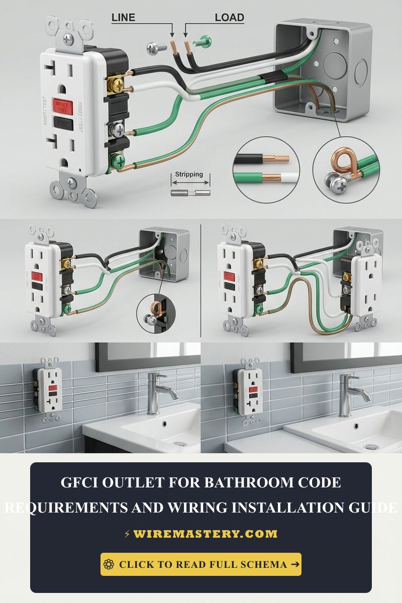 Check bathroom GFCI requirements, including 20-amp branch circuits, sink clearances, damp-location protection, and NEC rules for receptacle placement.