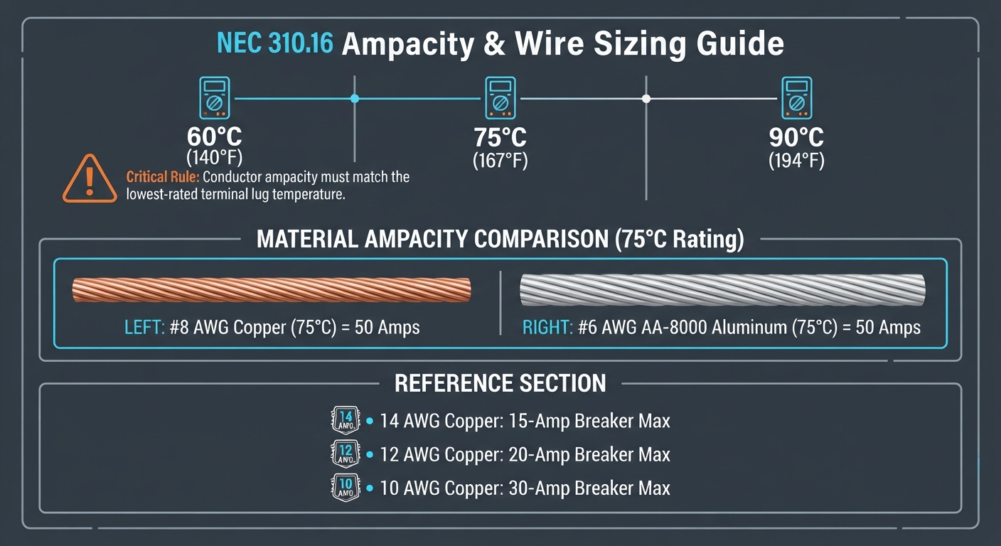 Official NEC 310.16 Table Infographic: #8 AWG Copper and #6 AWG Aluminum Conductor Ampacity Ratings Chart