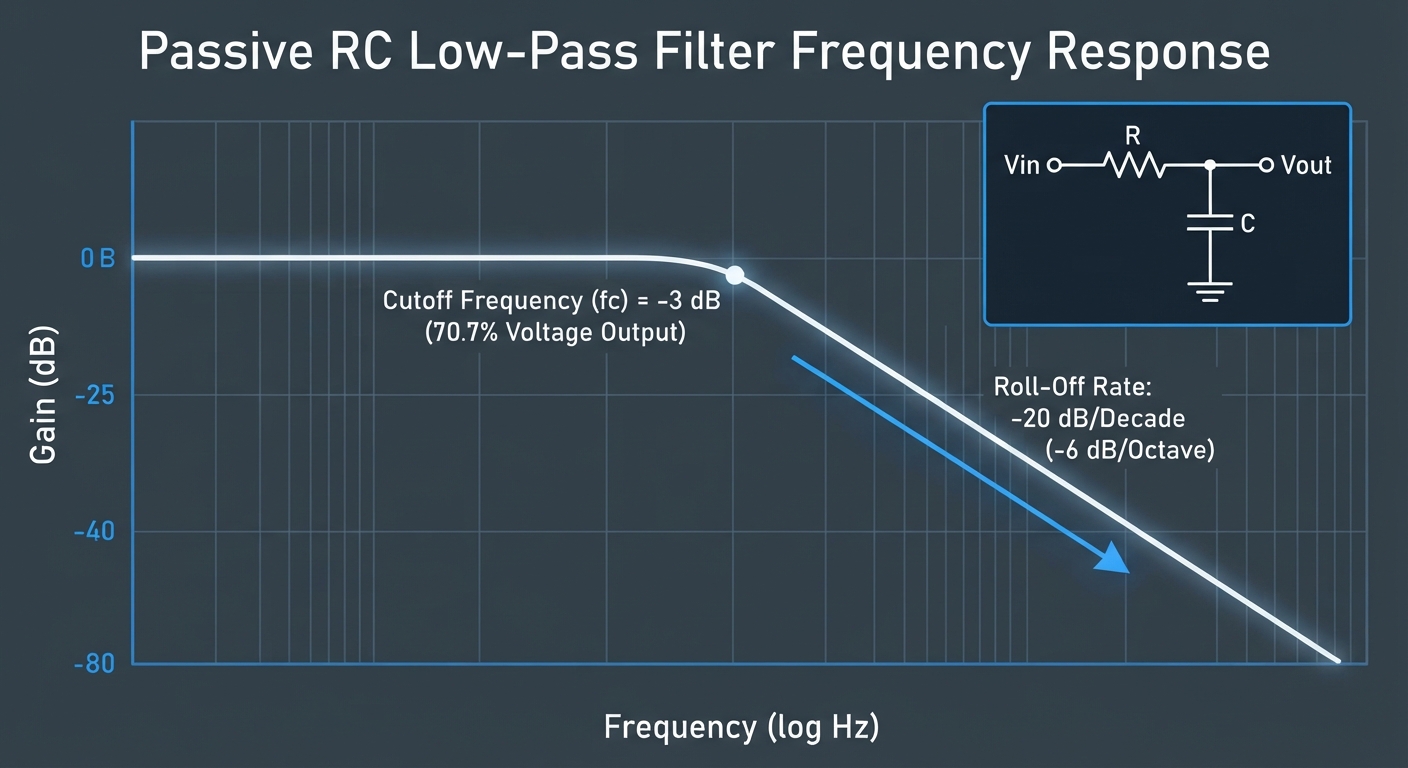 Passive RC Low Pass Filter Frequency Response Bode Plot: -3 dB Cutoff and -20 dB per Decade Roll-Off Chart